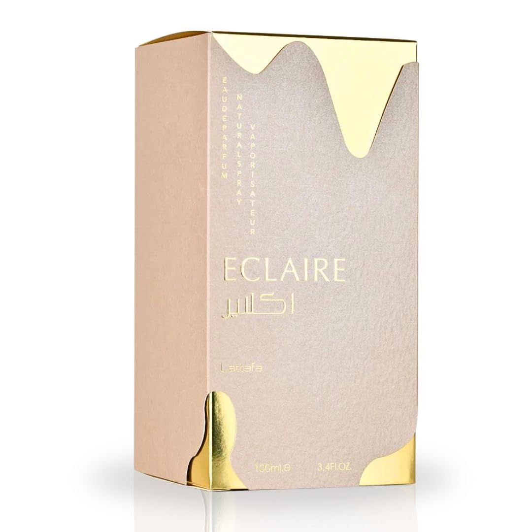 Lattafa Eclaire bottle side view, elegant silhouette for your vanity.