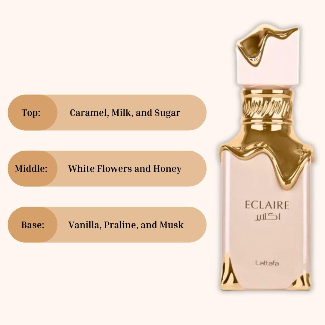 Lattafa Eclaire visual notes blend image, hints of caramel, milk, and sugar.