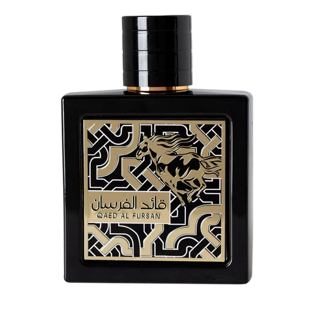 Lattafa Qaed Al Fursan bottle close-up highlighting premium design