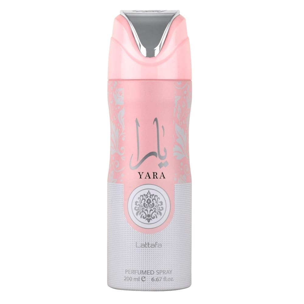 Lattafa Yara perfumed deodorant spray bottle for long-lasting daily freshness.