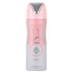 Lattafa Yara perfumed deodorant spray bottle for long-lasting daily freshness.