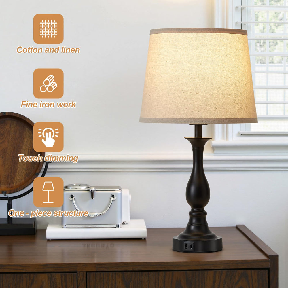 Lauag bedside lamp showing USB-C and USB-A ports for device charging.