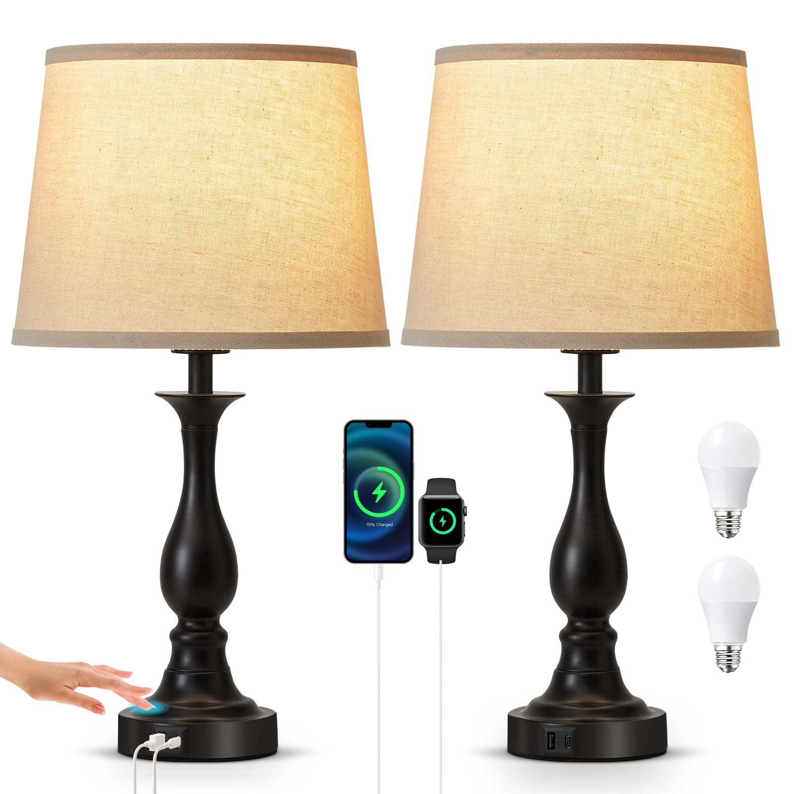 Lauag bedside table lamp with touch control and 3-way dimming for adjustable light.