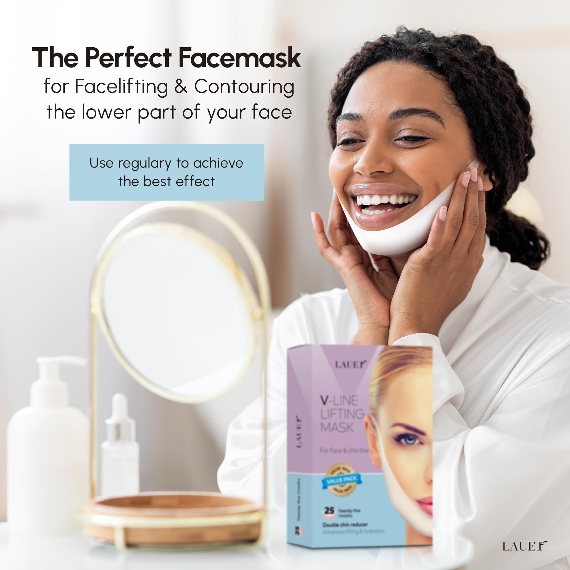 LAUER COSMETIC slimming mask tightens the jawline area.