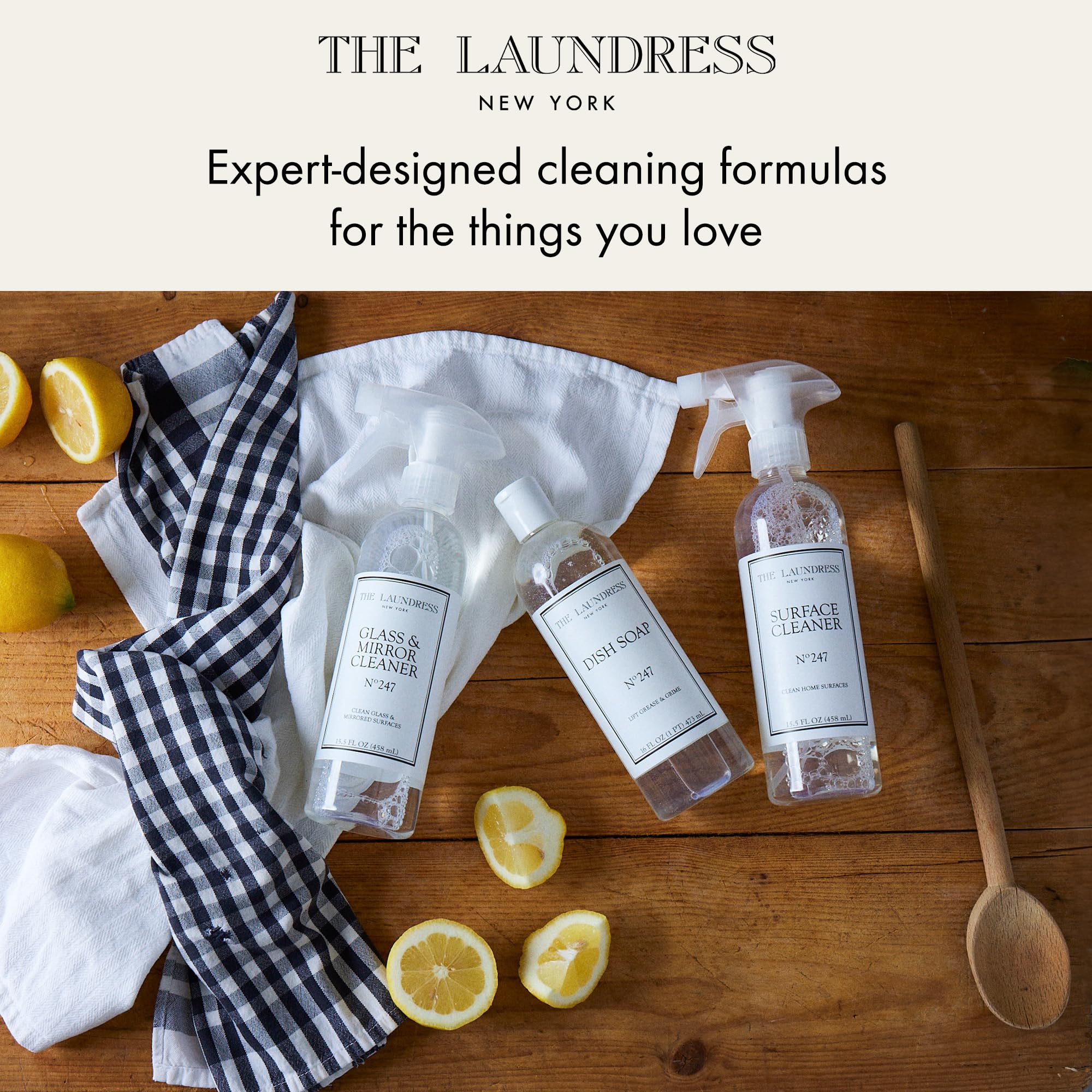 Finished wood surfaces cleaned by The Laundress cleaner without streaks or residue.