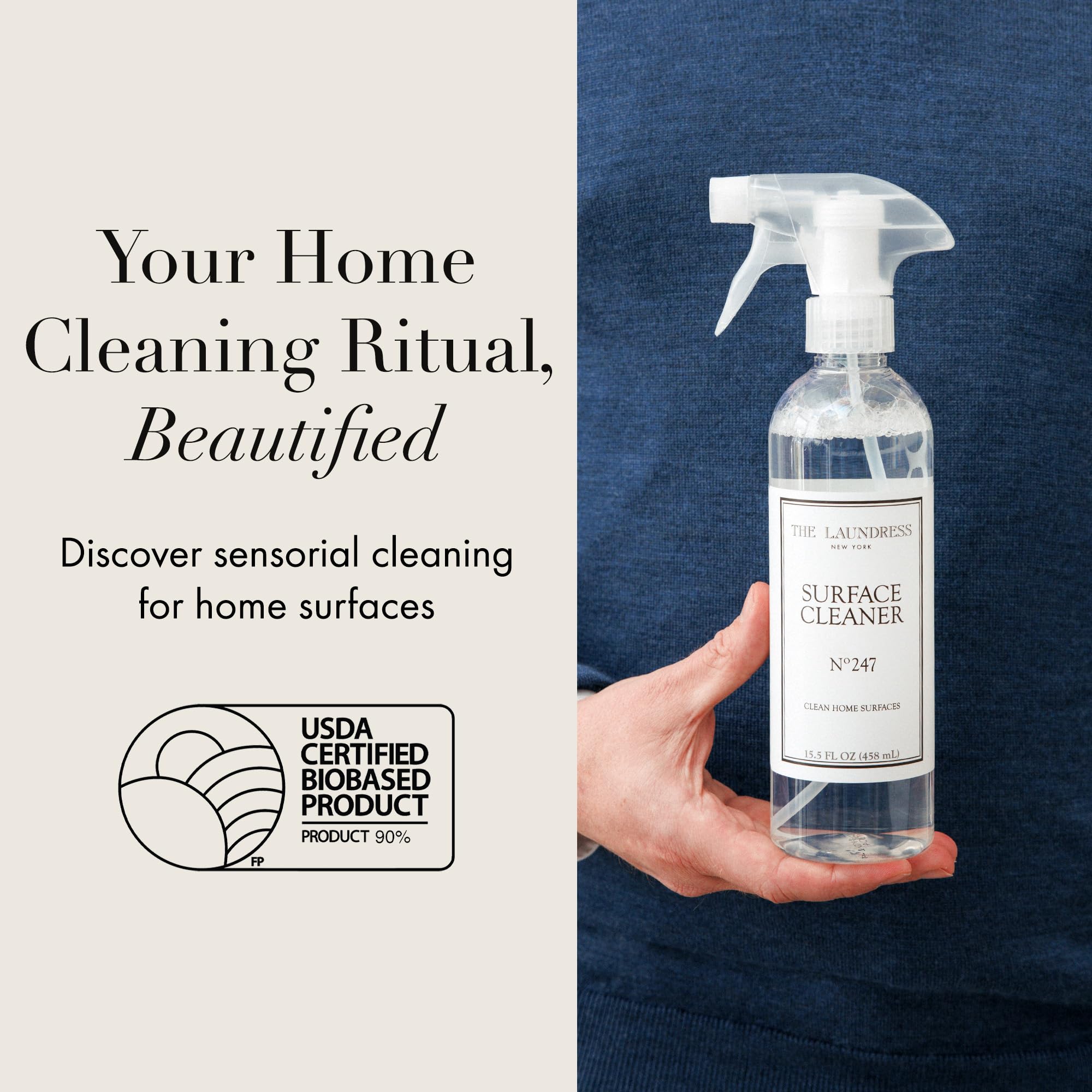 The Laundress No. 247 trigger spray delivering an even mist for quick wipes.