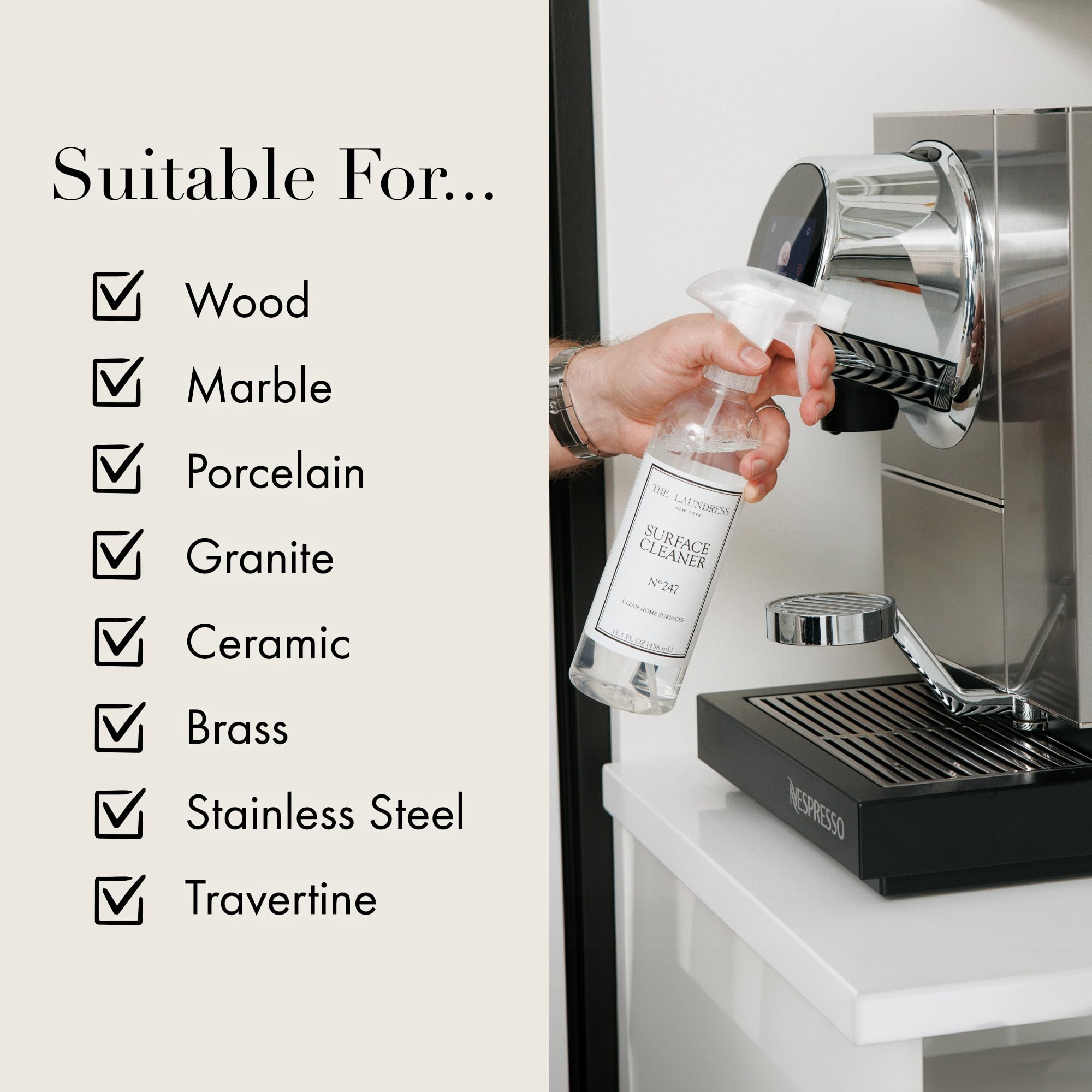 Porcelain surface cleaned with The Laundress Surface Cleaner for a streak-free finish.