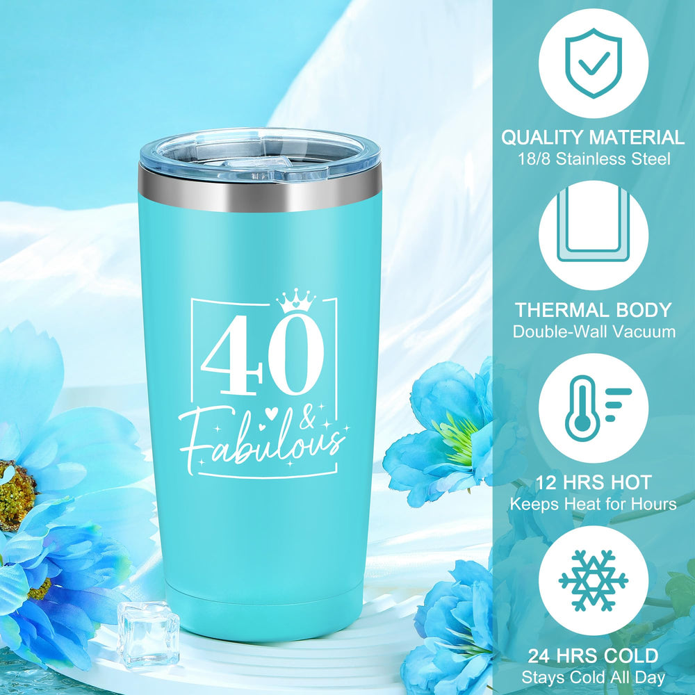 Launrada 40th birthday tumbler keeps drinks hot or cold on the go.