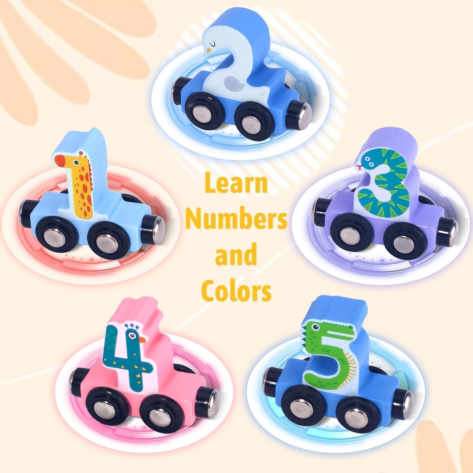 Lauon train track showing letters and numbers on one side for early literacy.