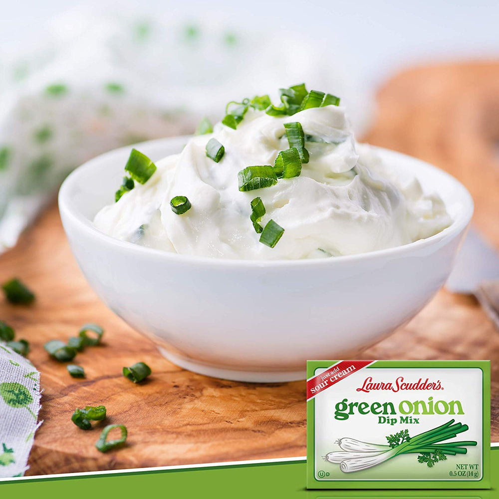 Laura Scudder's Green Onion Dip Mix served with chips and vegetables as a quick dip base