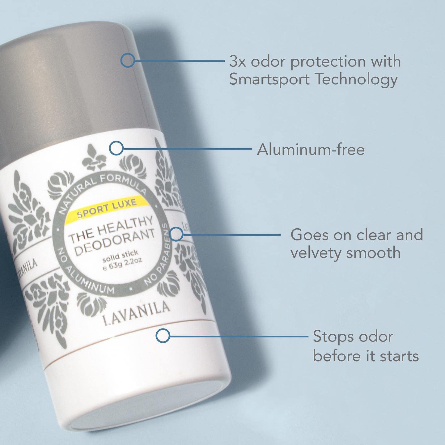 Close-up of Lavanila Sport Luxe deodorant stick texture showing smooth natural formula.