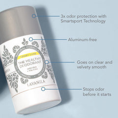 Close-up of Lavanila Sport Luxe deodorant stick texture showing smooth natural formula.