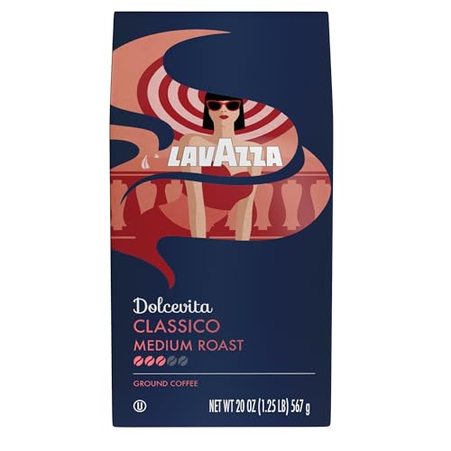 Lavazza Classico ground coffee closeup highlighting rich bean texture.
