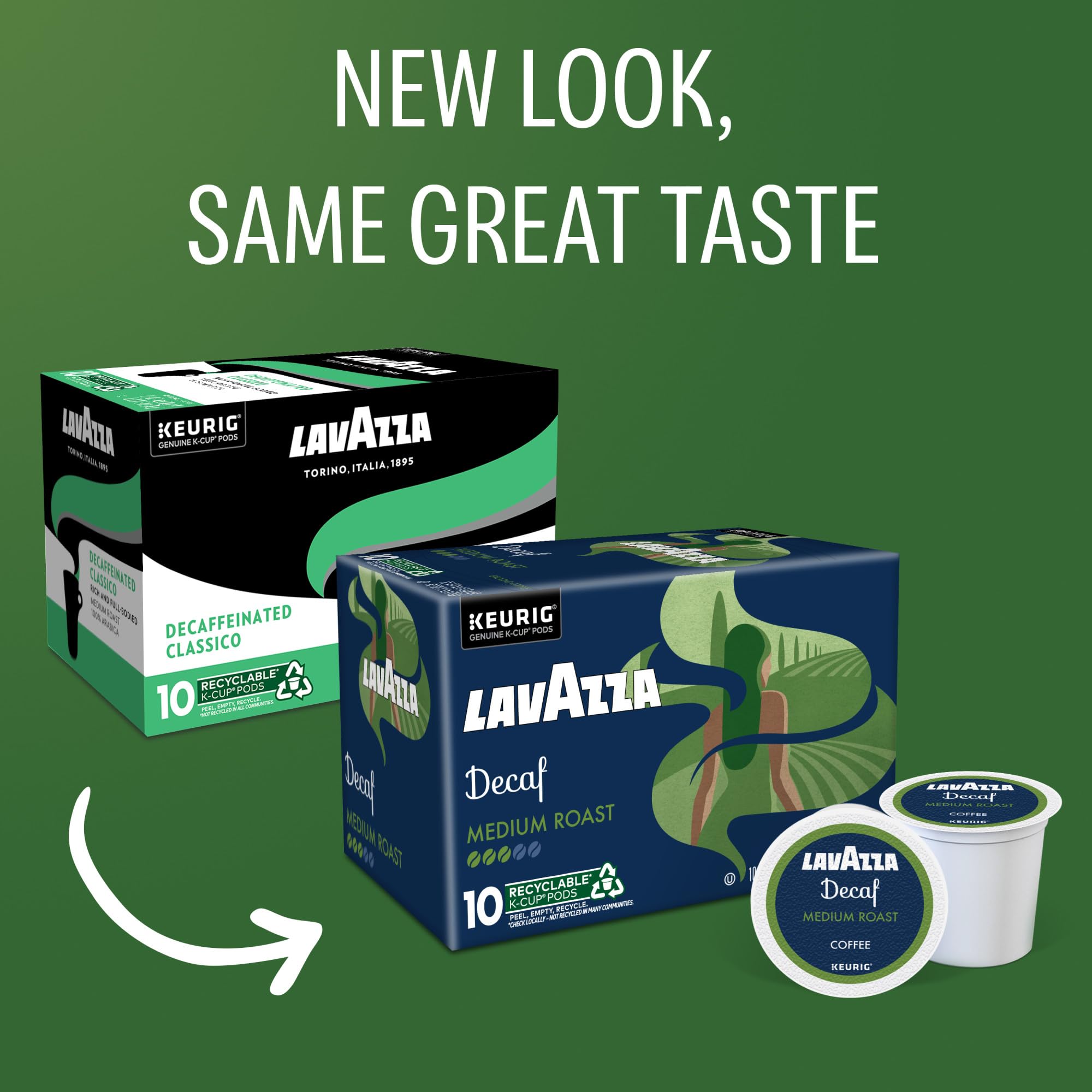 Lavazza Decaf K-Cups packaging per pack, consistent decaf option for busy days.