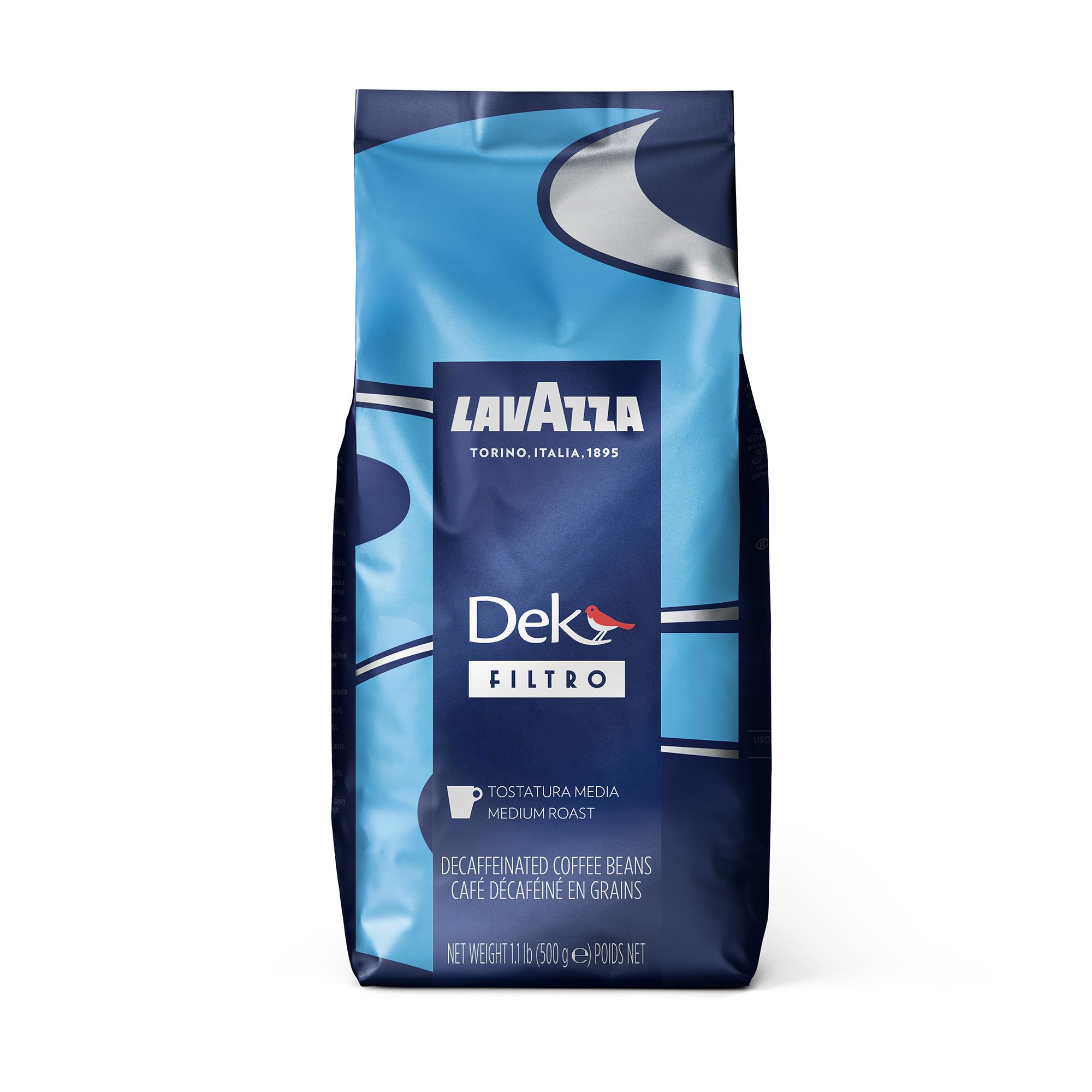 Lavazza Dek Filtro whole bean bag on kitchen counter for drip coffee convenience.