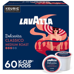 Lavazza Dolcevita Classico box and pods on a kitchen counter for easy daily coffee.