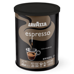 Lavazza Espresso Ground Coffee 8 oz tin front view for rich espresso.