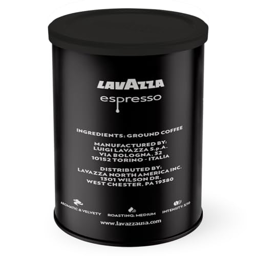 Lavazza Espresso Ground Coffee pouring shot highlights aroma and crema potential.