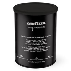 Lavazza Espresso Ground Coffee pouring shot highlights aroma and crema potential.