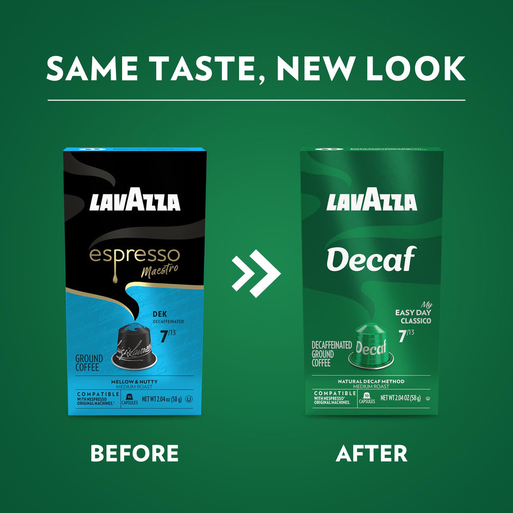 Lavazza Espresso Maestro DEK capsules close-up of product pods