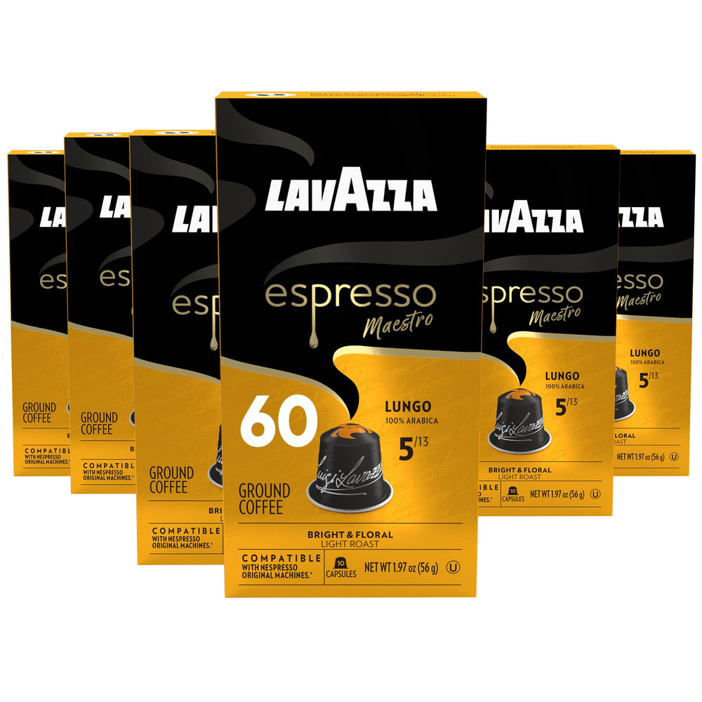 Lavazza Espresso Maestro Lungo capsules in a box, convenient single-serve option for Nespresso Original machines
