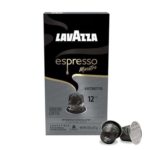 Closeup of Lavazza Espresso Maestro Ristretto capsules highlighting premium aluminum design.