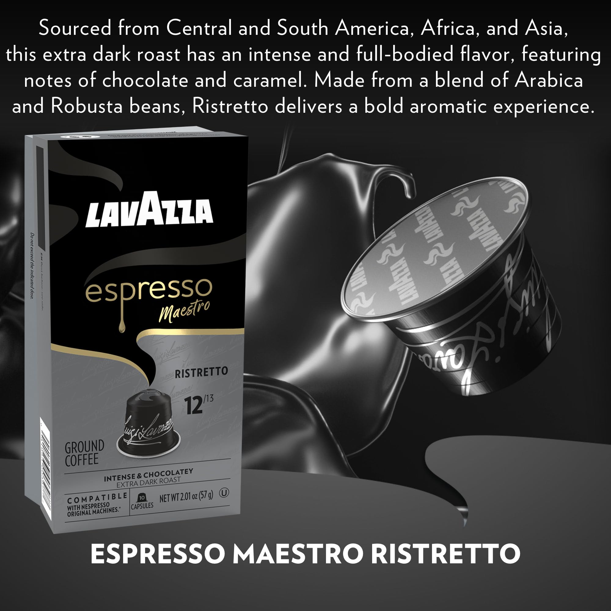 Espresso pour from Lavazza Maestro Ristretto showing deep aroma and crema.