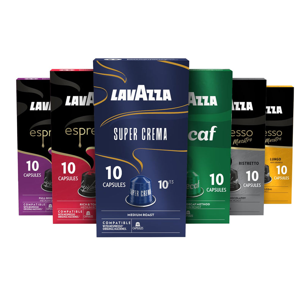 Lavazza Espresso Favorites collection 60 capsules box showcasing variety for home brewing.