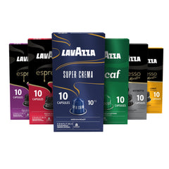 Lavazza Espresso Favorites collection 60 capsules box showcasing variety for home brewing.