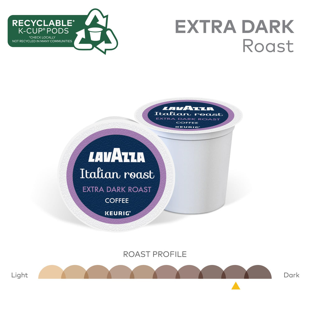 Lavazza Italian Roast K-Cup pod pouring into a steaming cup.