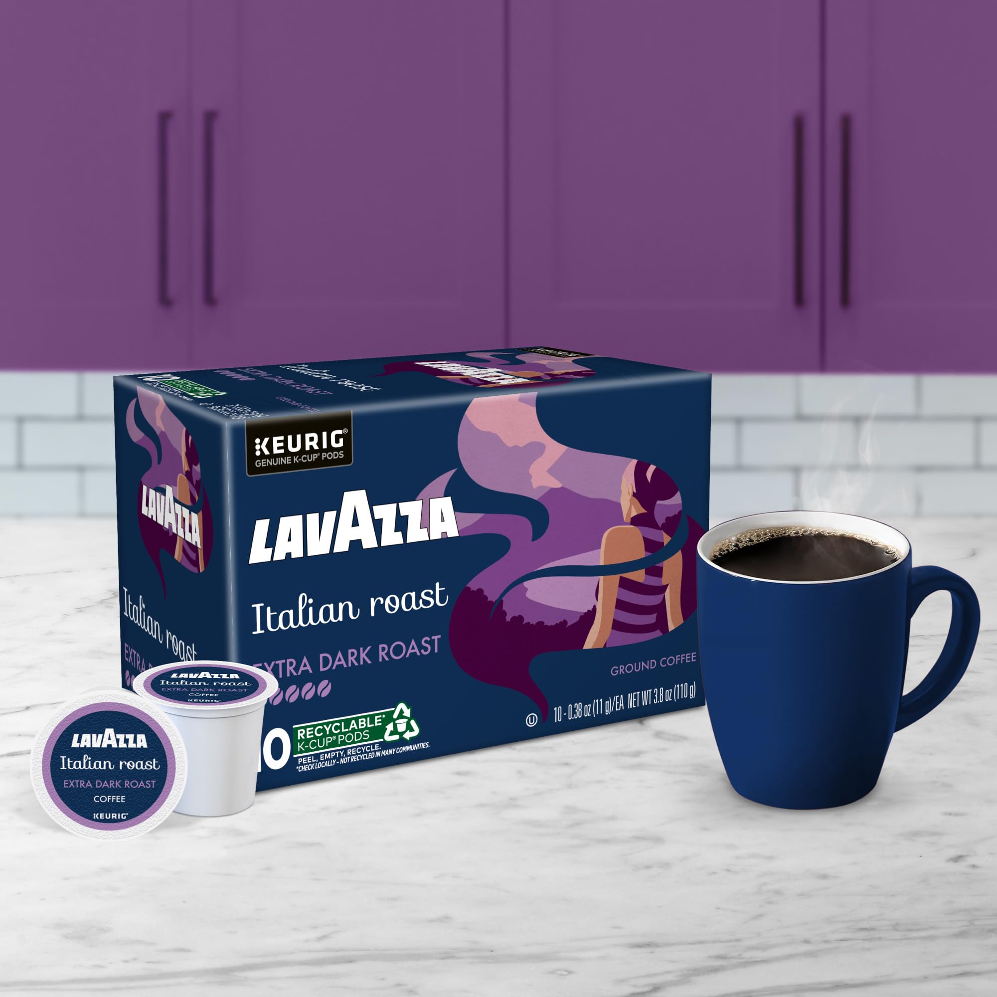 Lavazza Italian Roast recyclable K-Cup pod, easy peel and recycle.