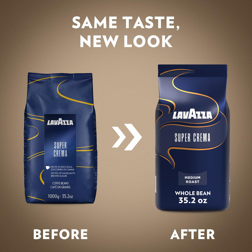 Lavazza Super Crema brewing setup with grinder and espresso machine for home use.