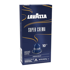 Close-up of Lavazza Super Crema capsules showing crema-ready espresso shot