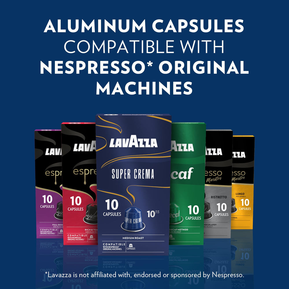 Lavazza Super Crema capsules highlighting smooth, reliable crema for everyday espresso.