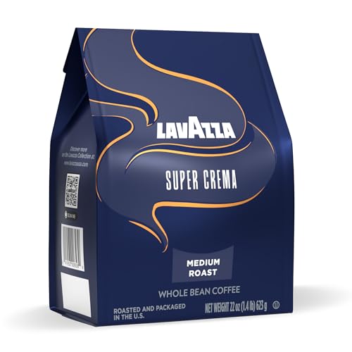 Lavazza Super Crema coffee beans close-up showing hazelnut aroma and brown sugar notes.