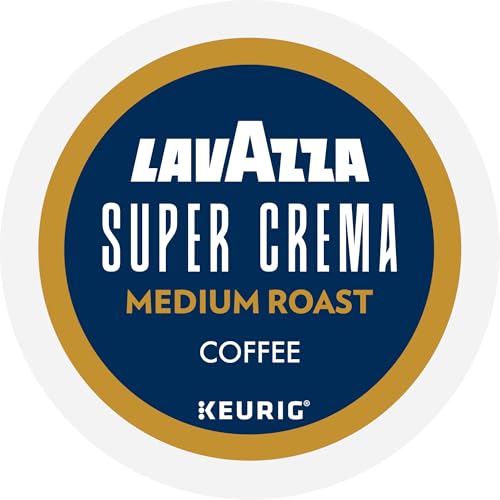 Coffee beans close-up with Lavazza Super Crema branding.