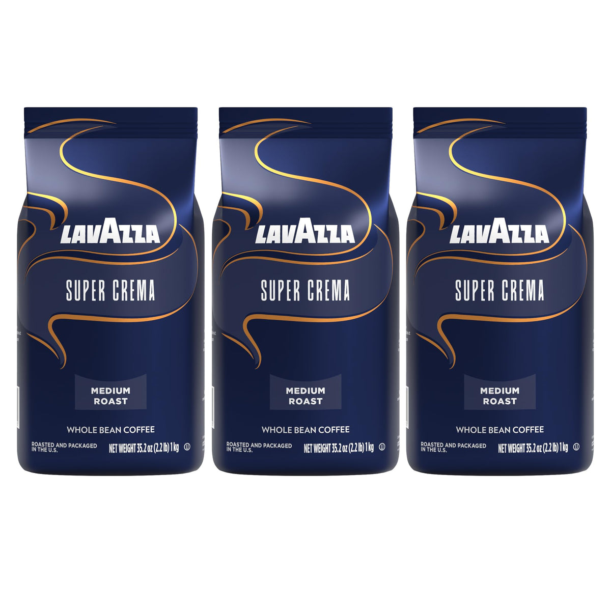 Lavazza Super Crema whole-bean 3-pack front view for consistent espresso