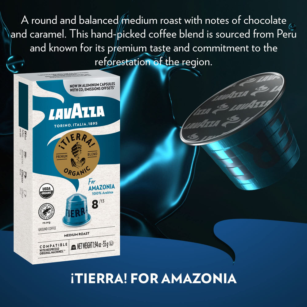 Lavazza Tierra Amazonia label featuring chocolate and caramel notes