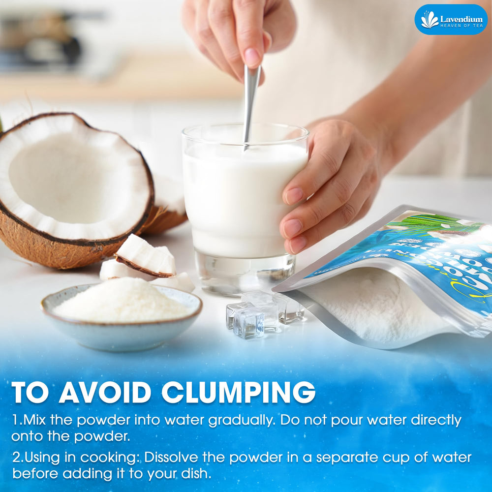 Lavendium coconut milk powder in kitchen storage with a resealable pouch.