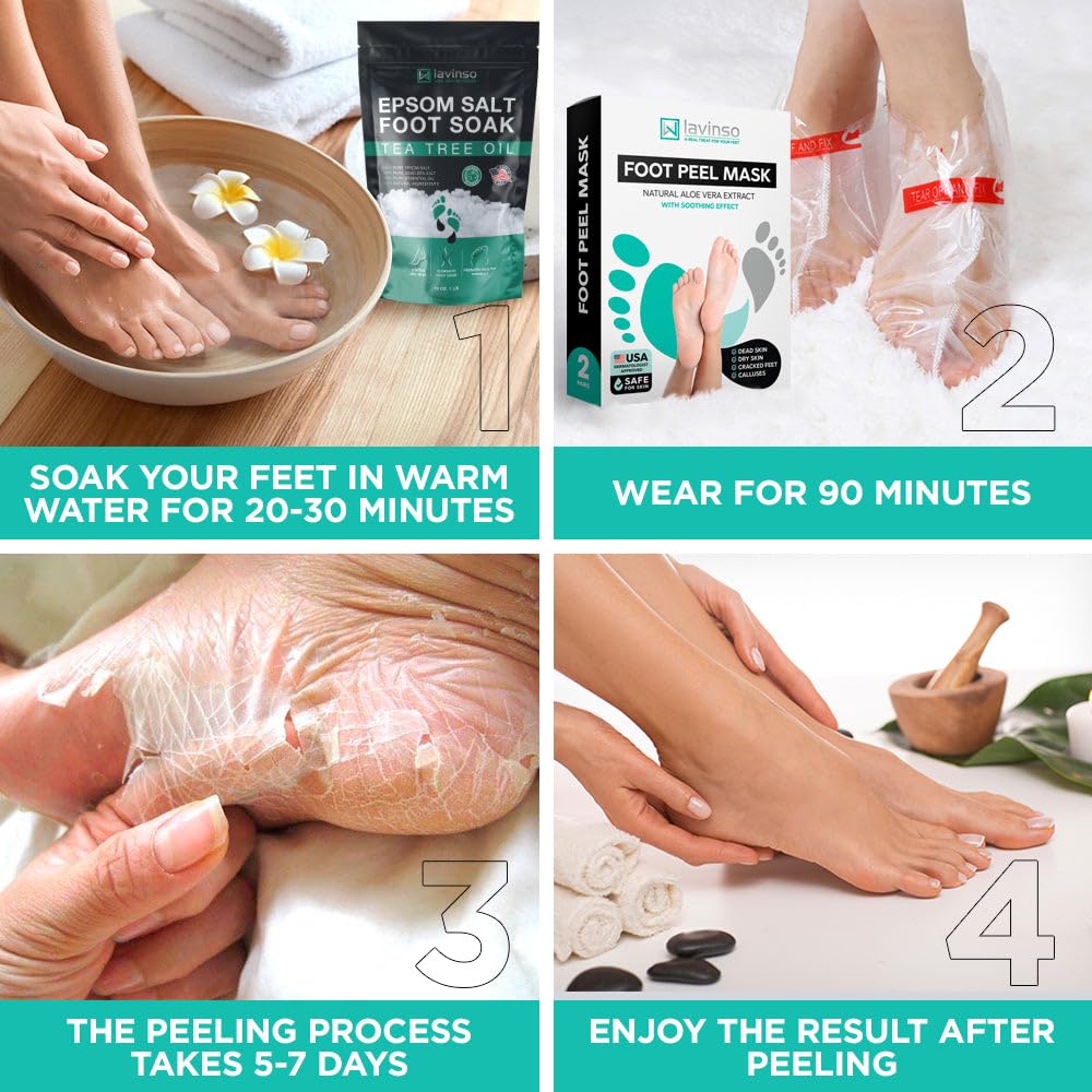 Lavinso foot peel mask close-up label highlights exfoliating formula