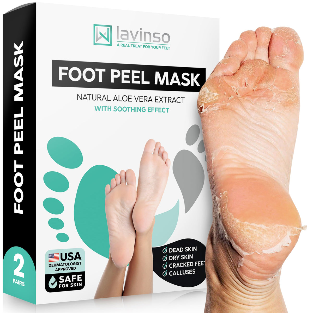 Lavinso foot peel mask packaging front promises smoother feet