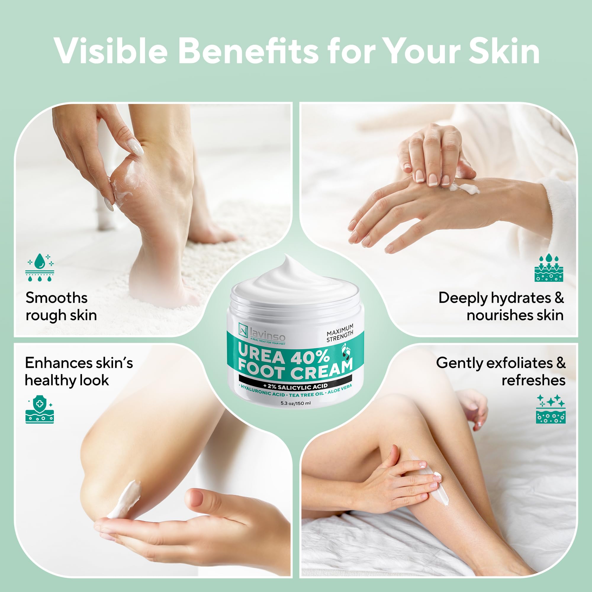 LV Lavinso Urea Cream 40% botanical blend conveys aloe vera and tea tree benefits.
