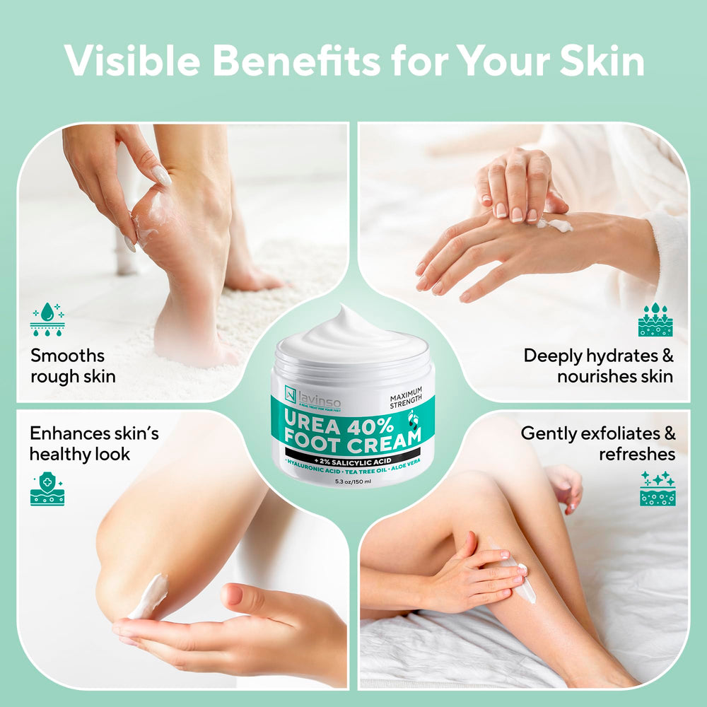 LV Lavinso Urea Cream 40% botanical blend conveys aloe vera and tea tree benefits.