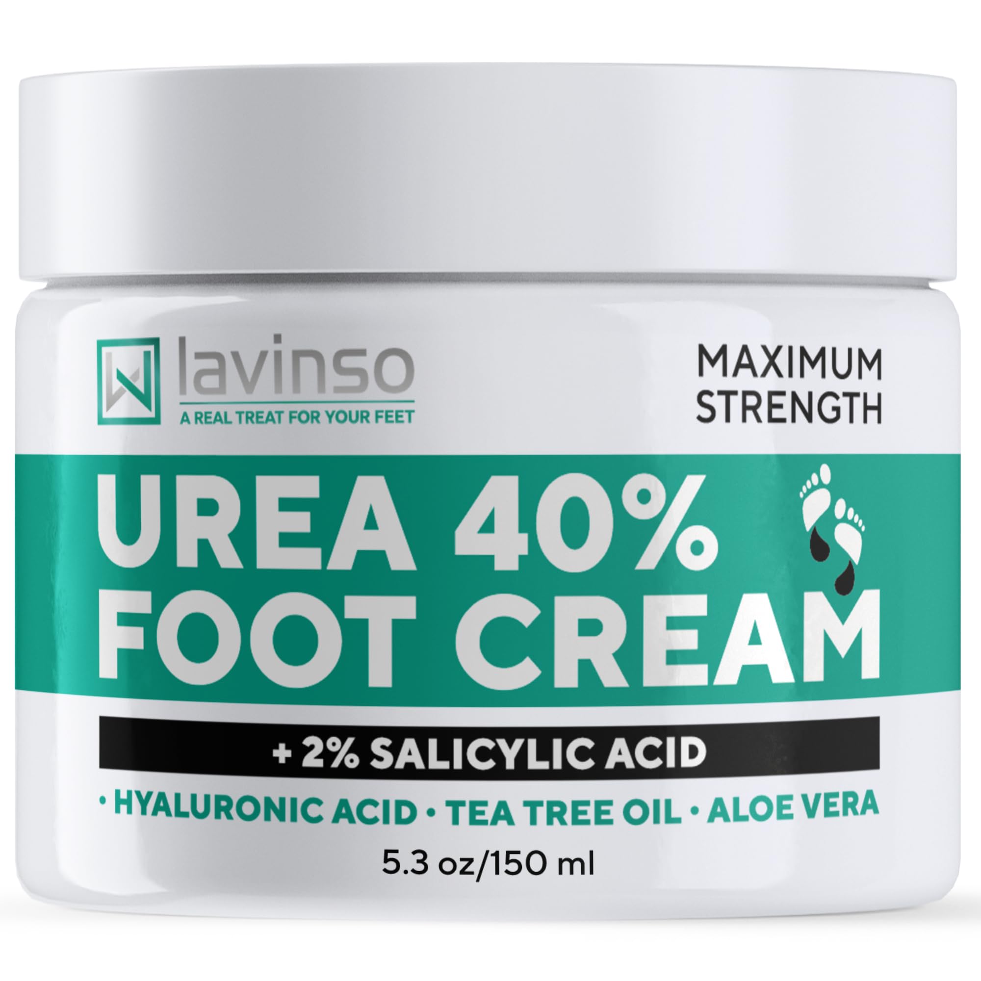 LV Lavinso Urea Cream 40% bottle closeup highlights rich hydration for dry feet.