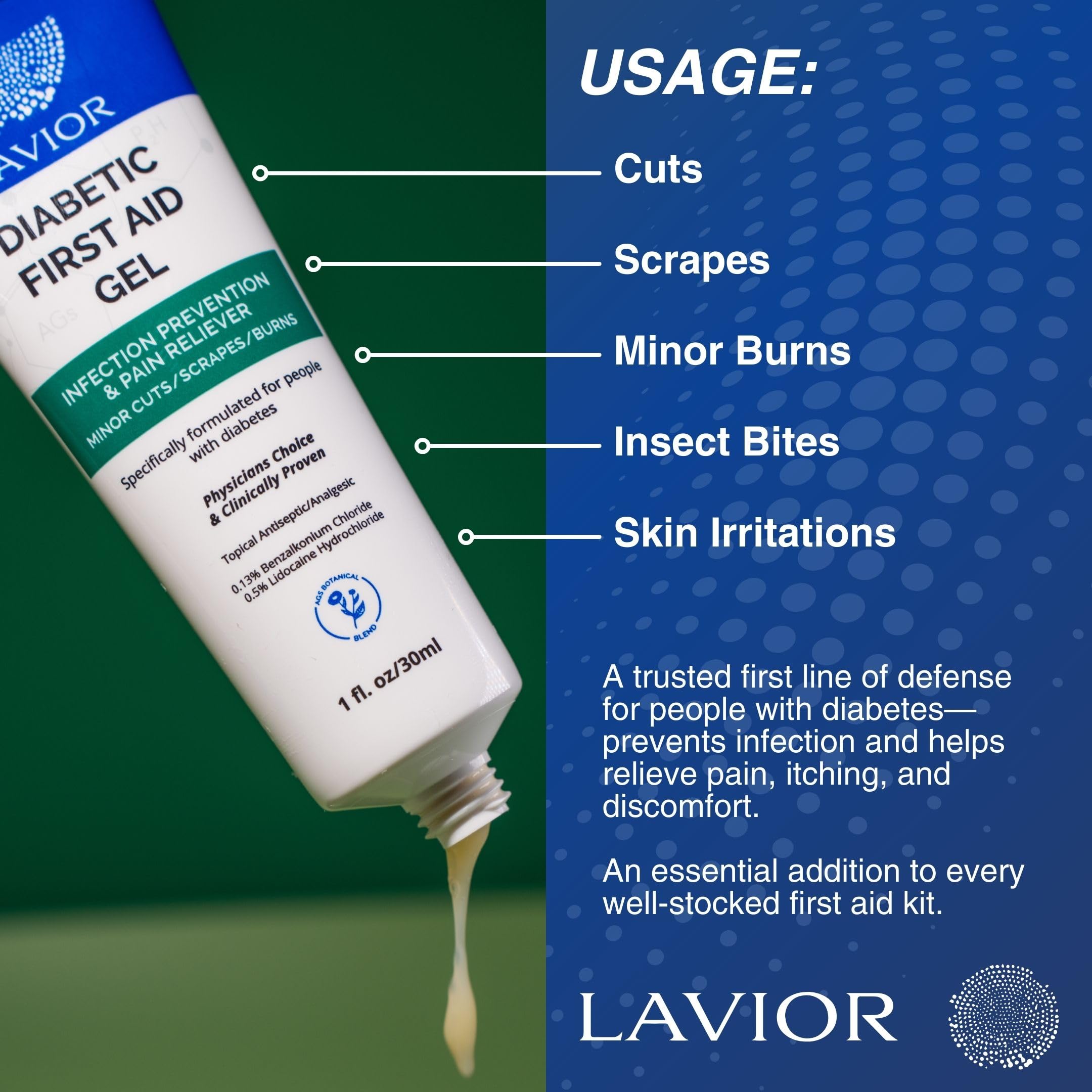 Lavior gel with sterile bandage for protection and comfort.