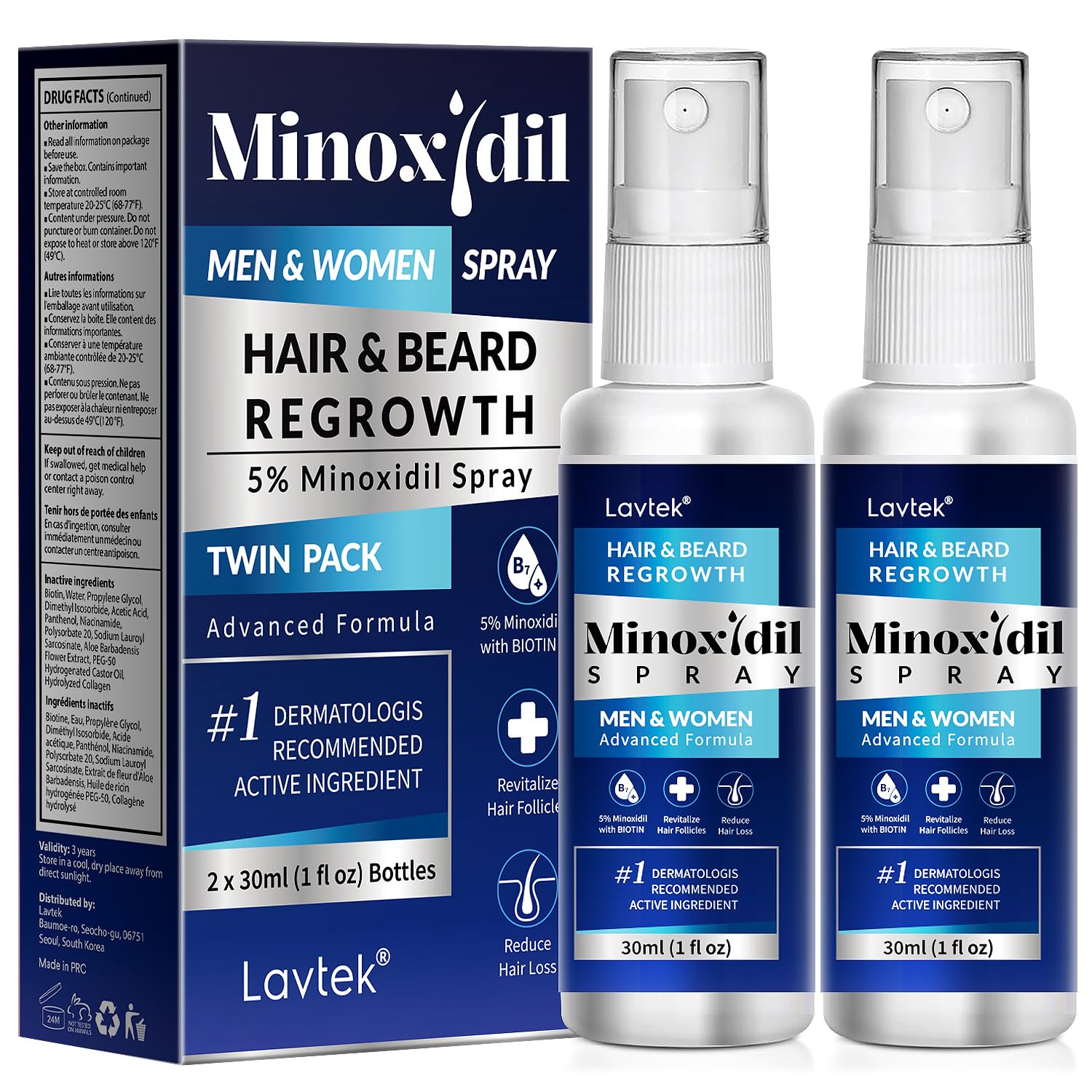 Lavtek 5% Minoxidil spray bottle shown for potential hair regrowth support.