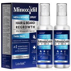 Lavtek 5% Minoxidil spray bottle shown for potential hair regrowth support.