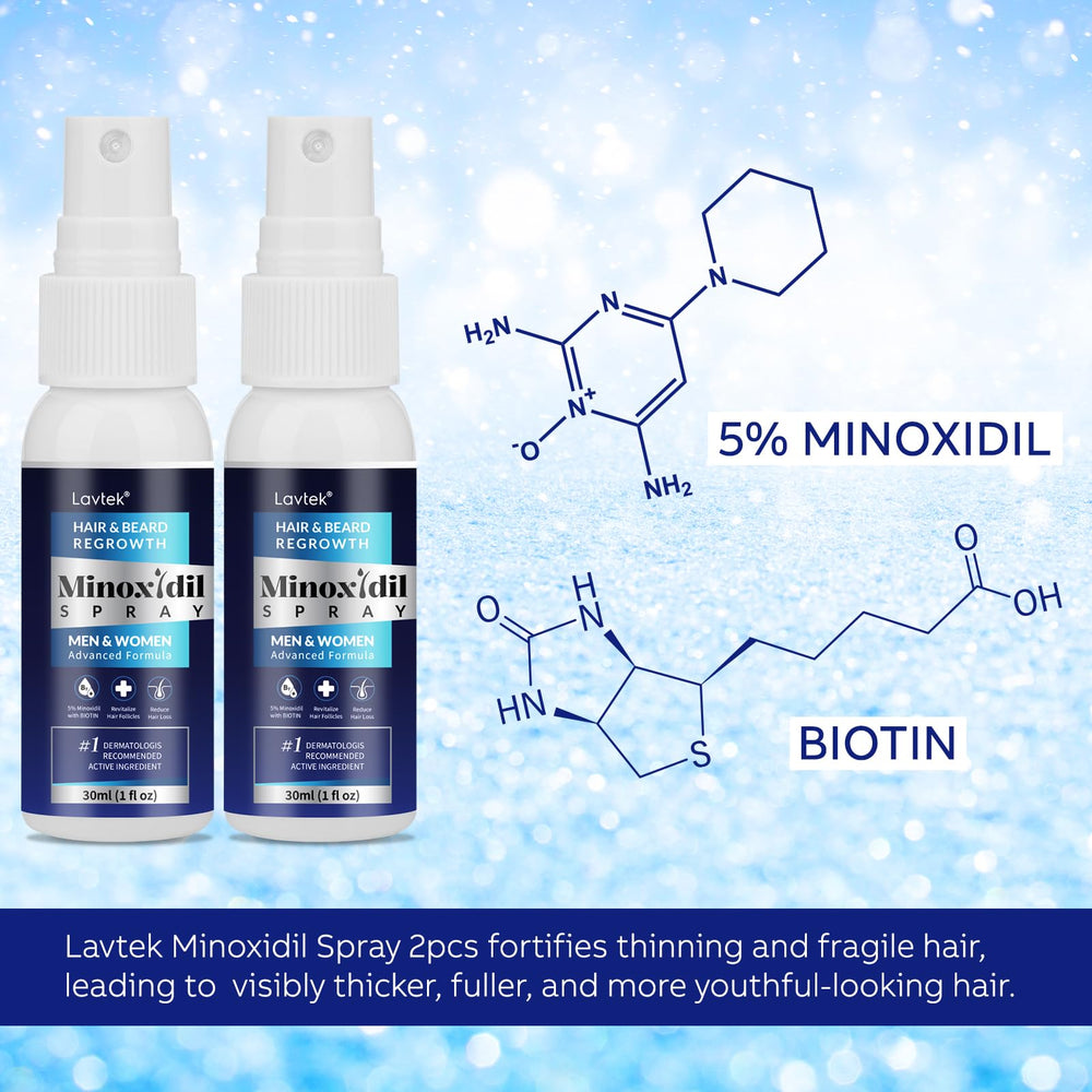Lavtek Minoxidil spray being applied to the scalp for targeted use.