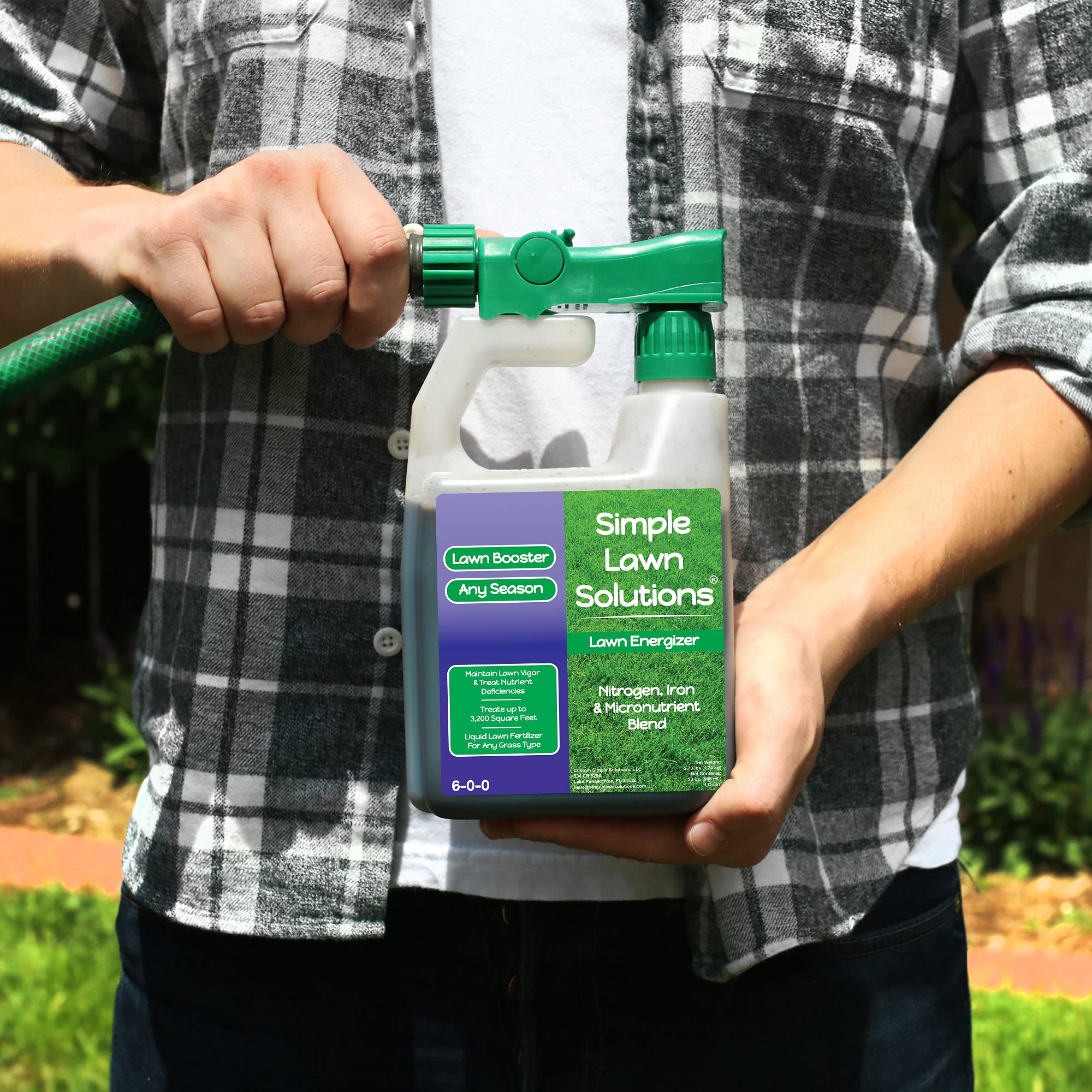 Lawn Energizer label shows iron content and safety notes.