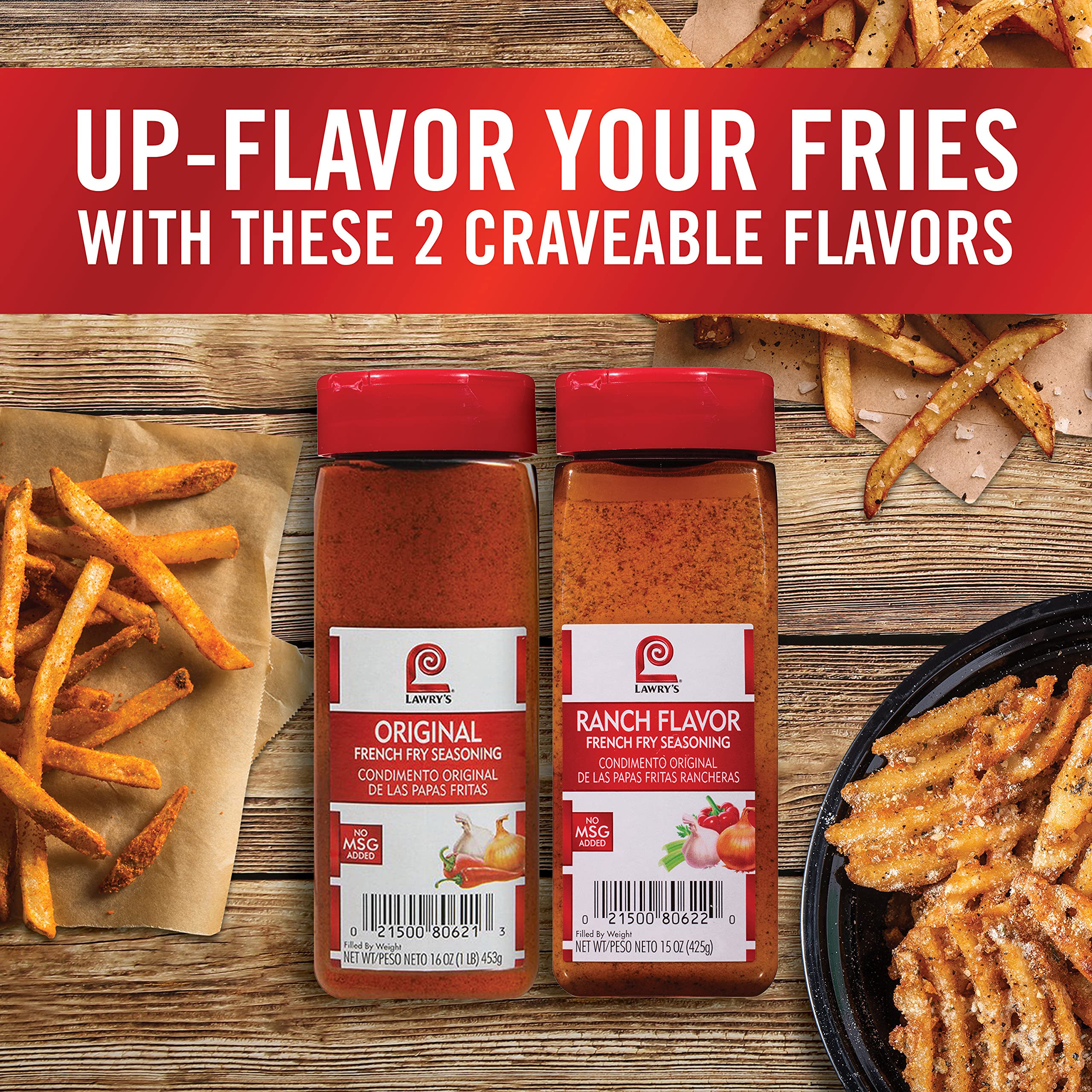 Lawry's Original French Fry Seasoning close-up highlights turmeric, onion, garlic in premium blend.